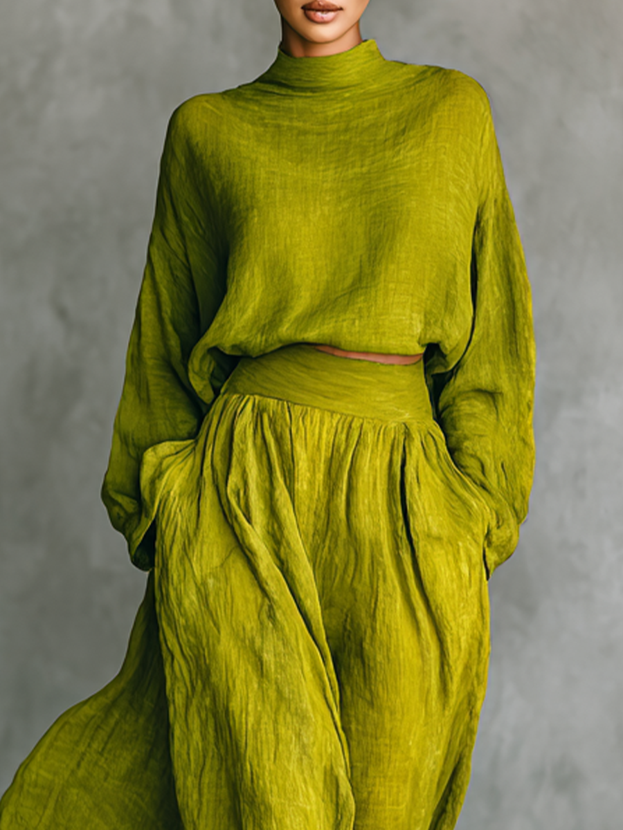 Damesoutfit in groen van katoen-linnenmix