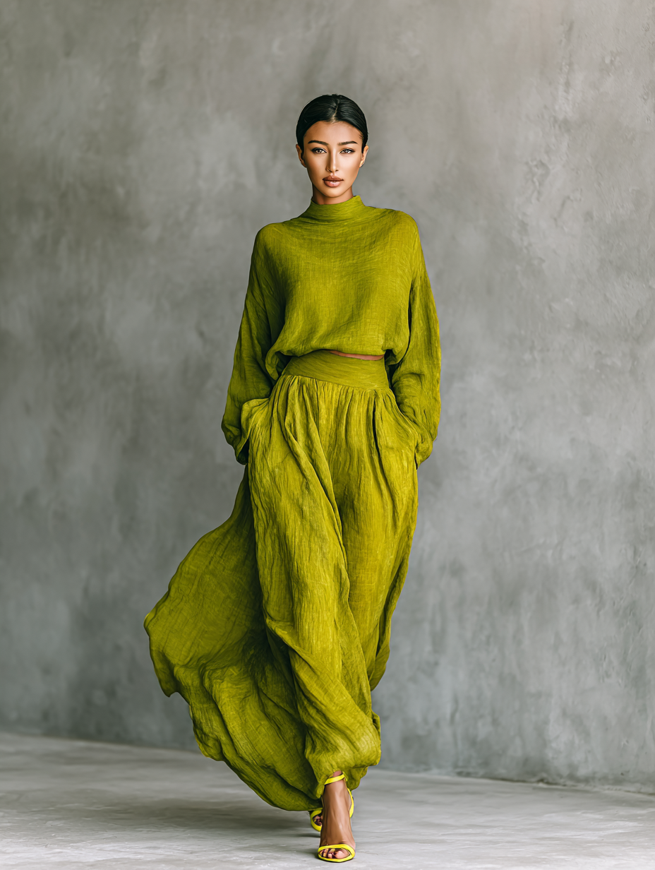 Damesoutfit in groen van katoen-linnenmix
