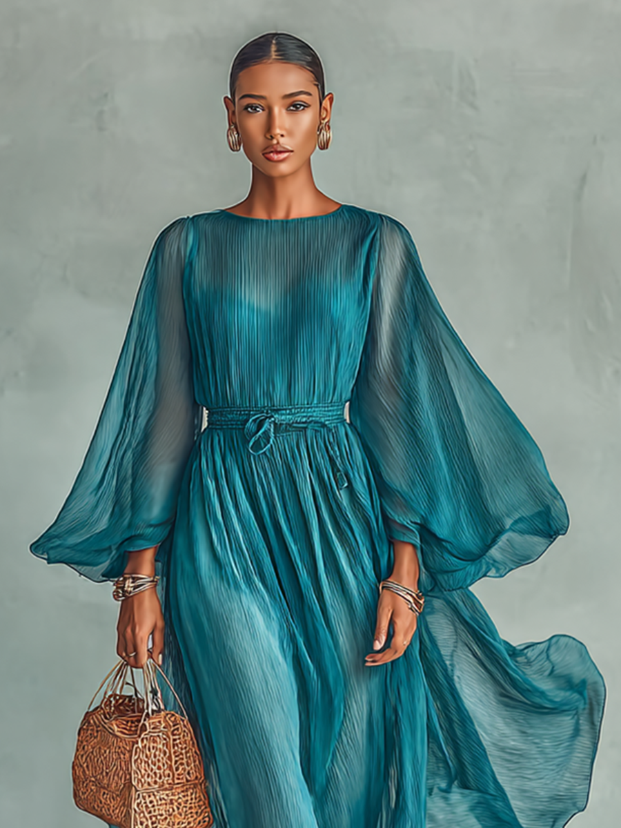 Maxi Jurk in Chiffon met Ronde Hals en Lange Mouwen voor Dames, met Verstelbare Taille