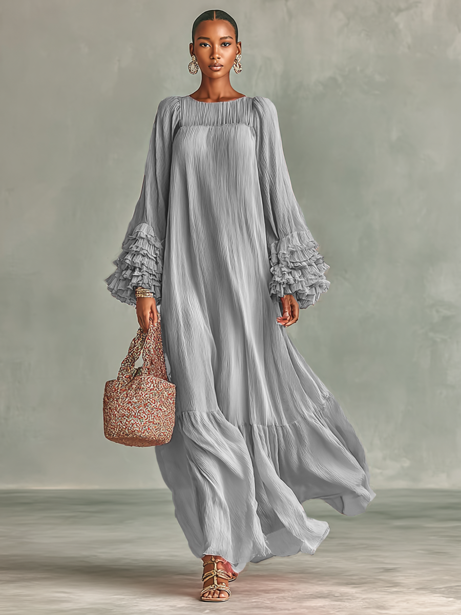 Maxi Jurk in Geplooid Chiffon voor Dames met Lange Mouwen en Ruffles