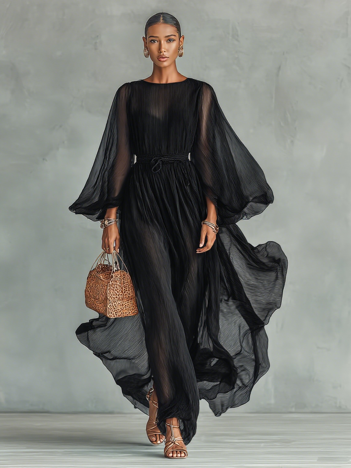 Maxi Jurk in Chiffon met Ronde Hals en Lange Mouwen voor Dames, met Verstelbare Taille