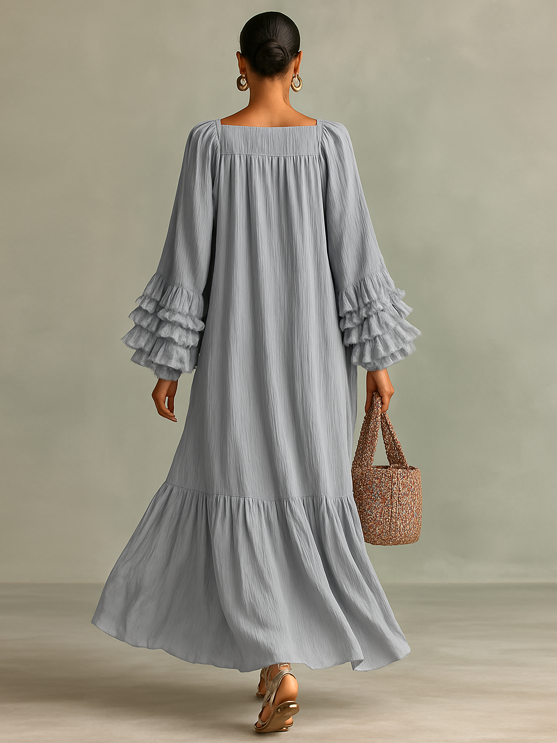 Maxi Jurk in Geplooid Chiffon voor Dames met Lange Mouwen en Ruffles
