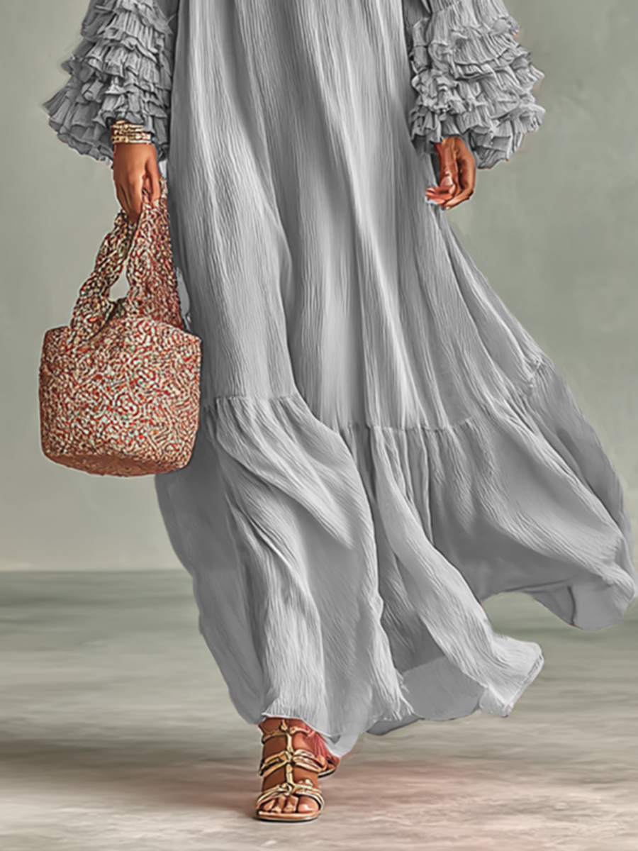 Maxi Jurk in Geplooid Chiffon voor Dames met Lange Mouwen en Ruffles