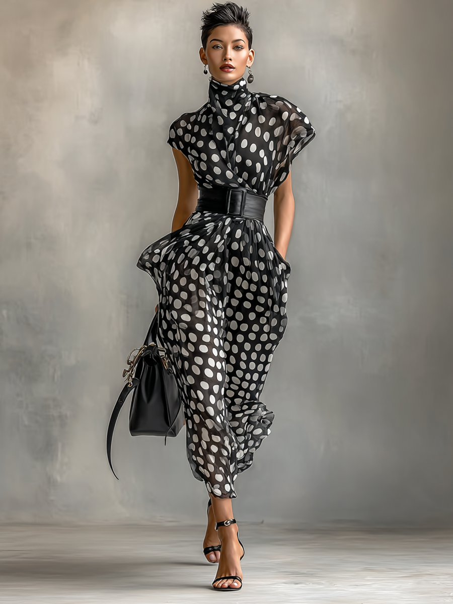 Maxi Jurk van Chiffon met Poisprint en Hoge Hals