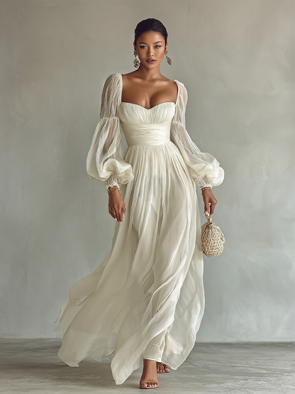 Maxi-jurk van Chiffon voor Dames met Vierkante Hals en Lange Mouwen