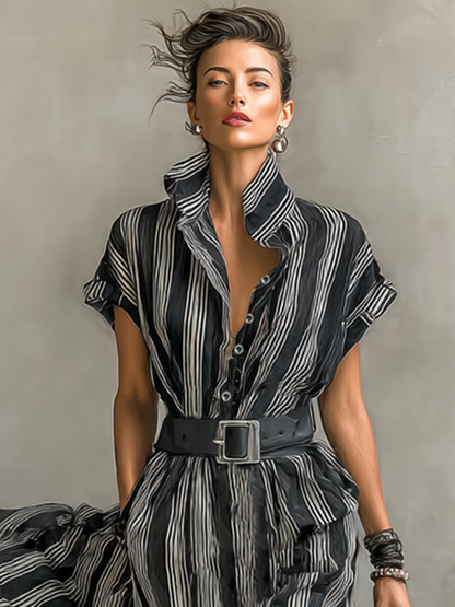 Maxi Jurk Geprinte Chiffon Gestreept met Kraag en Korte Mouwen voor Dames met Ceintuur