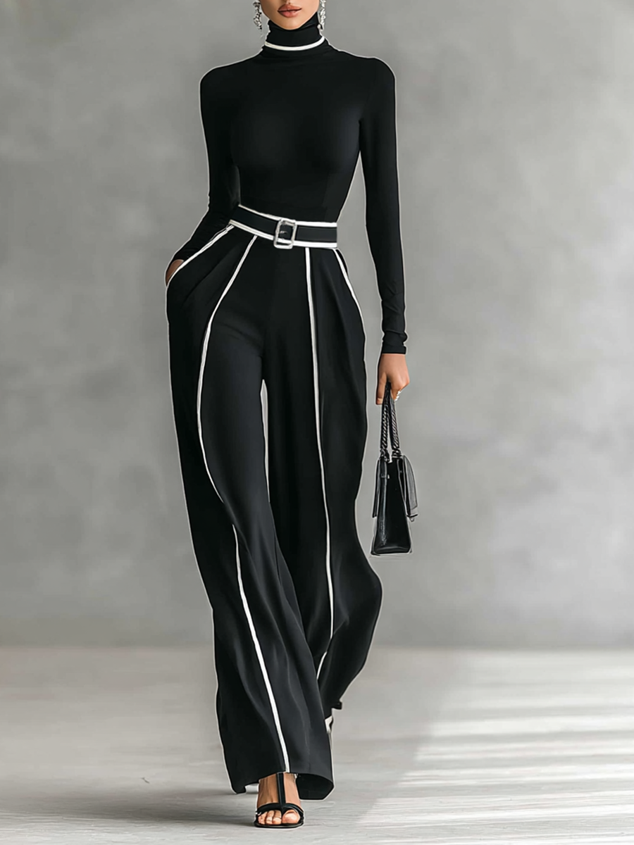 Twee-delige dames set met hoge hals top met lange mouwen, wijde broek en riem