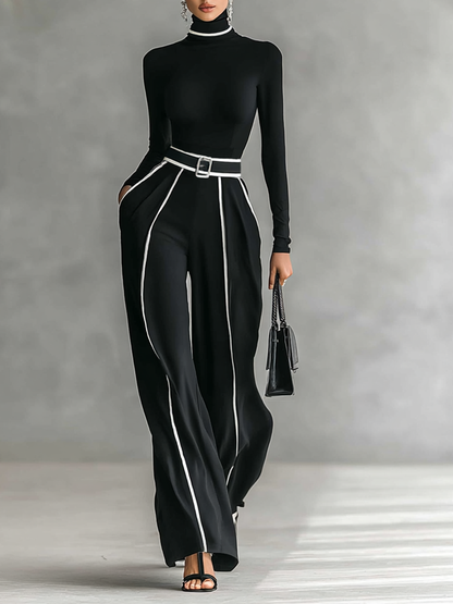 Twee-delige dames set met hoge hals top met lange mouwen, wijde broek en riem