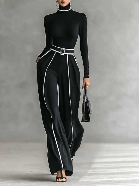 Twee-delige dames set met hoge hals top met lange mouwen, wijde broek en riem
