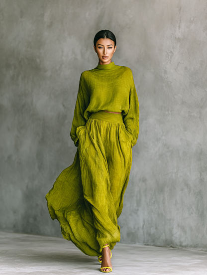 Damesoutfit in groen van katoen-linnenmix
