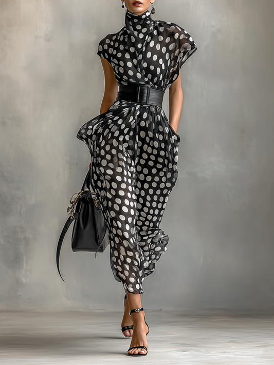 Maxi Jurk van Chiffon met Poisprint en Hoge Hals