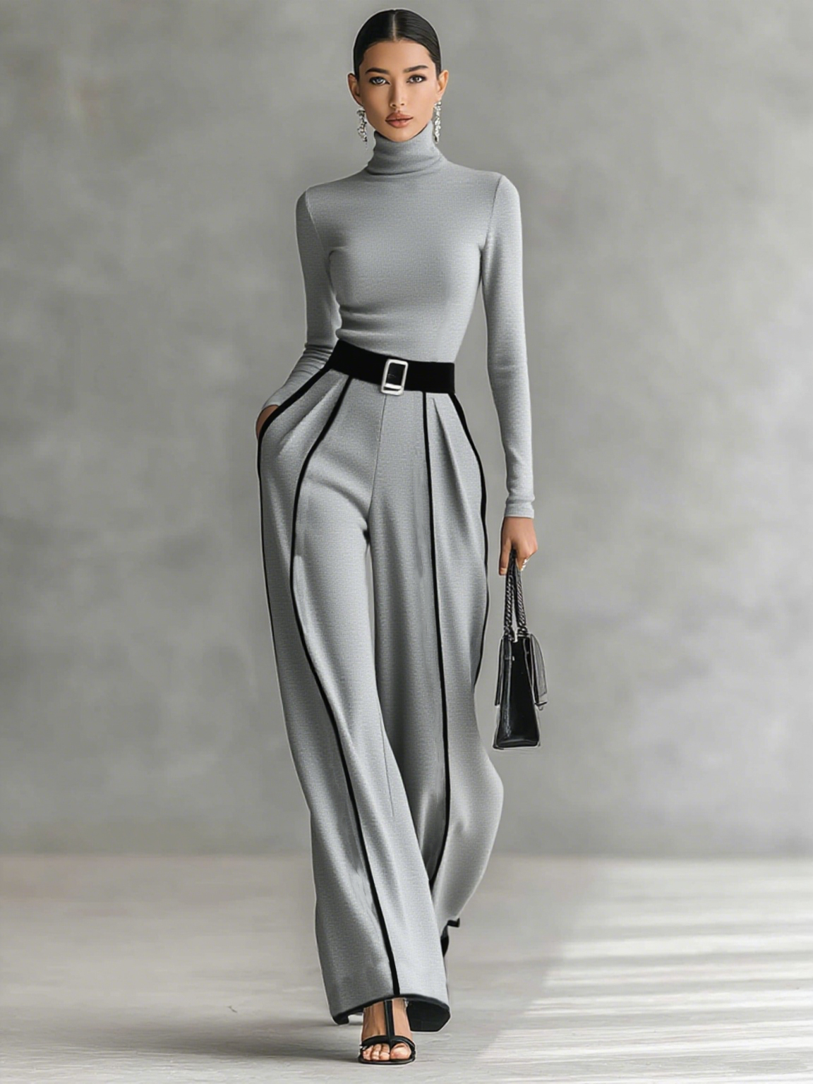 Twee-delige dames set met hoge hals top met lange mouwen, wijde broek en riem