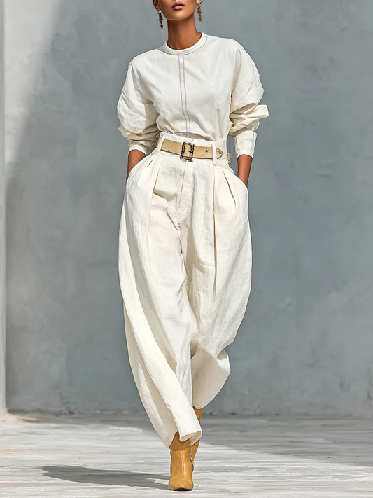 Set van Lange Mouwen Blouse en Wijde Broek van Katoen en Linnen