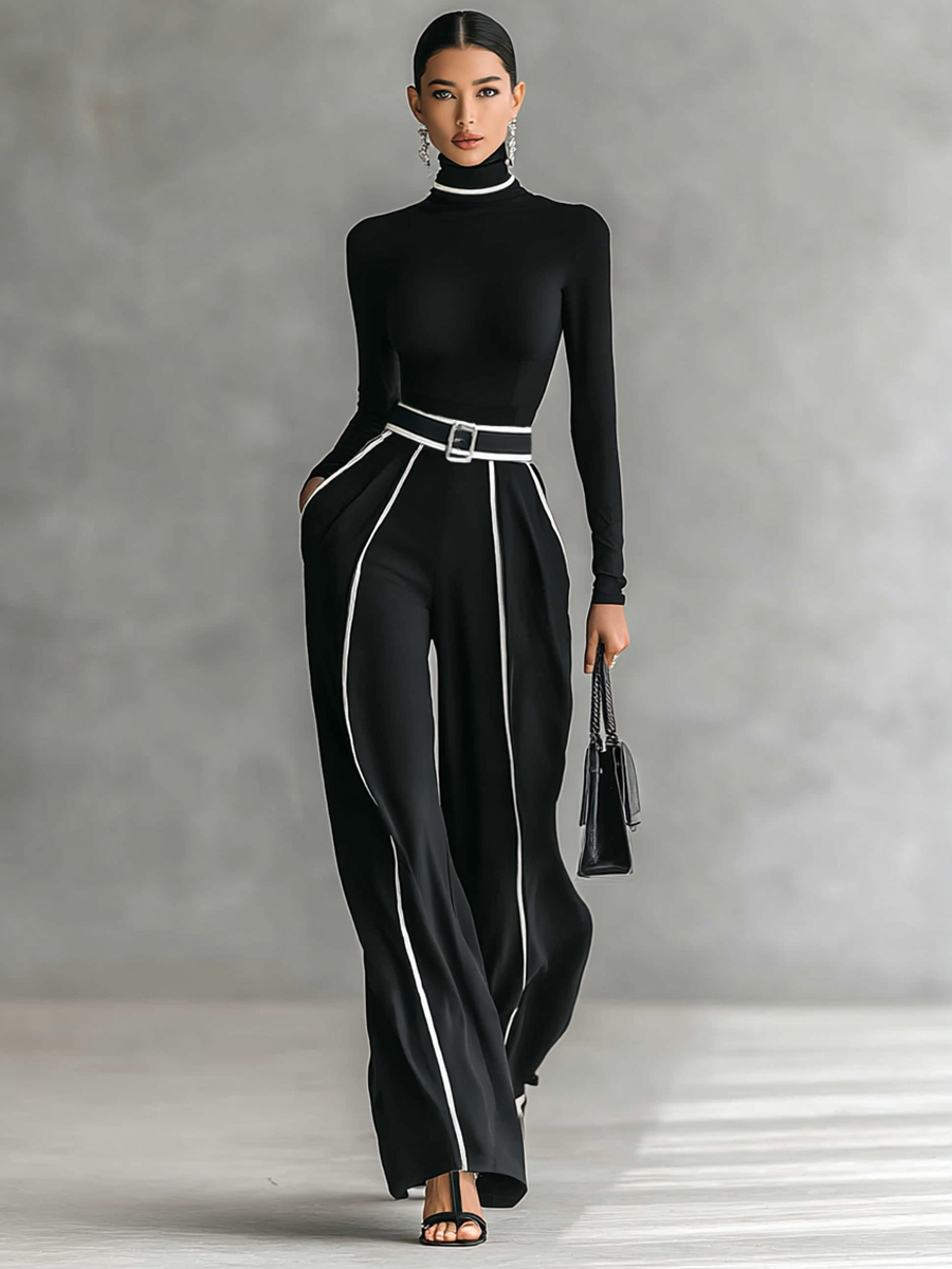 Twee-delige dames set met hoge hals top met lange mouwen, wijde broek en riem