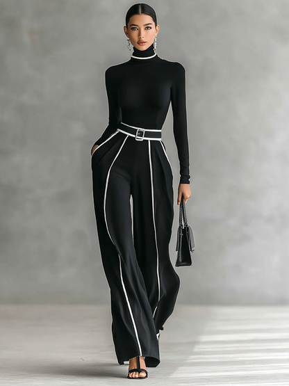Twee-delige dames set met hoge hals top met lange mouwen, wijde broek en riem