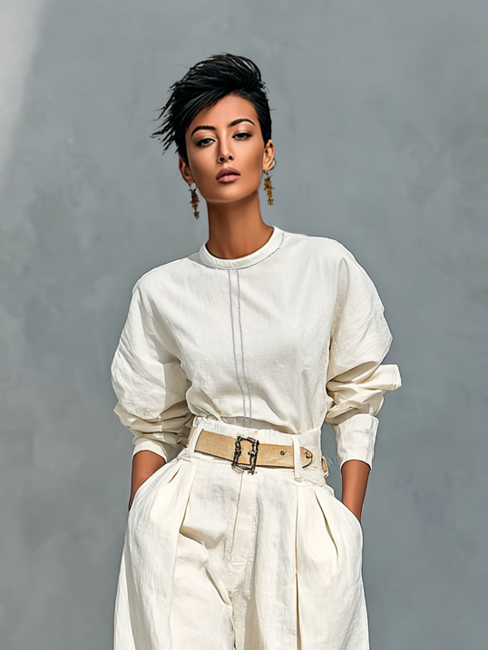 Set van Lange Mouwen Blouse en Wijde Broek van Katoen en Linnen