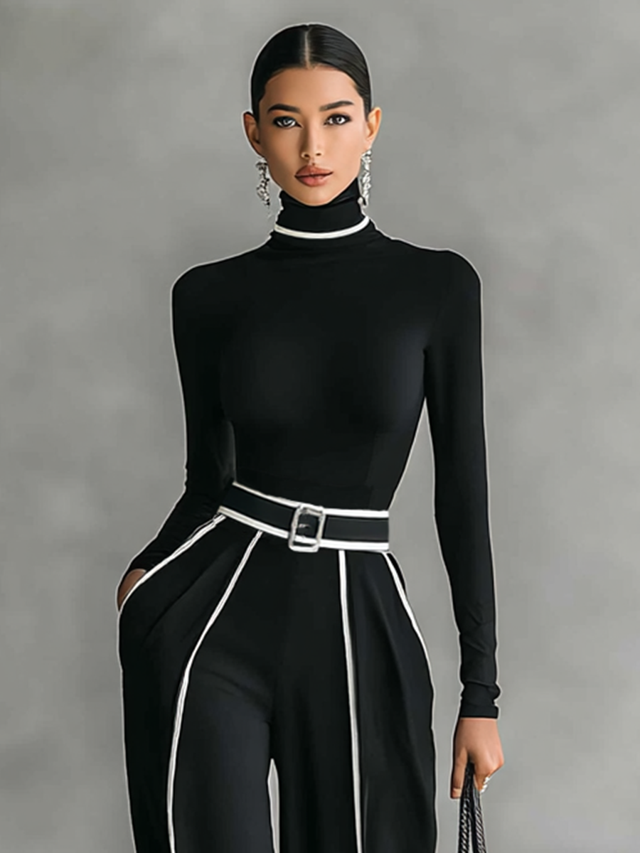 Twee-delige dames set met hoge hals top met lange mouwen, wijde broek en riem