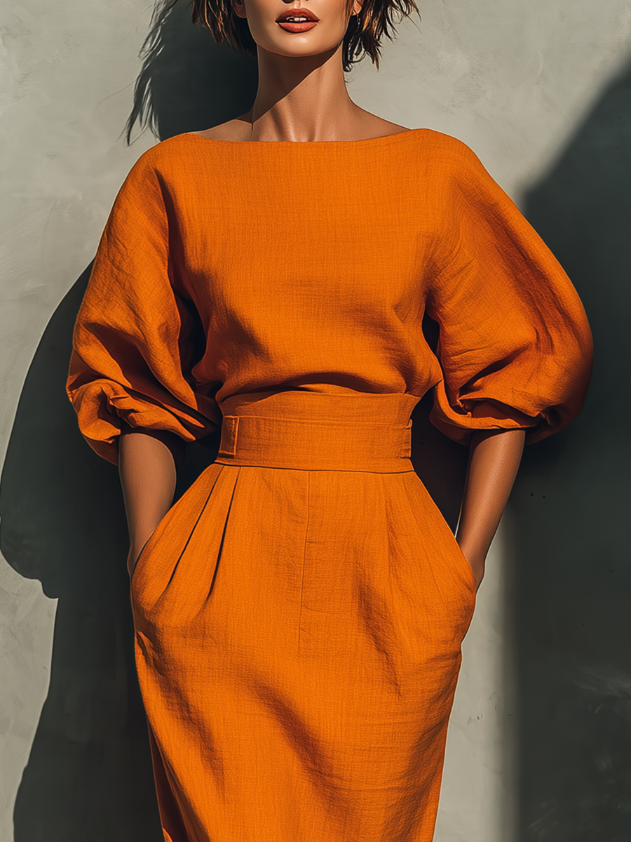 Gonna Midi Vibrante in Misto Cotone-Lino Oranje