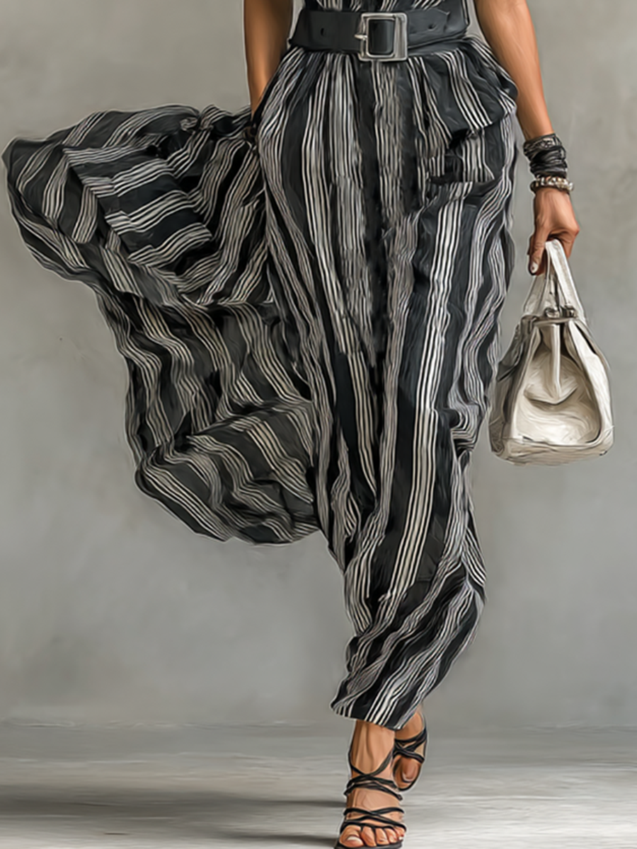 Maxi Jurk Geprinte Chiffon Gestreept met Kraag en Korte Mouwen voor Dames met Ceintuur