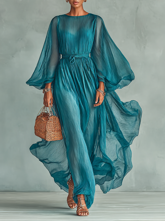 Maxi Jurk in Chiffon met Ronde Hals en Lange Mouwen voor Dames, met Verstelbare Taille