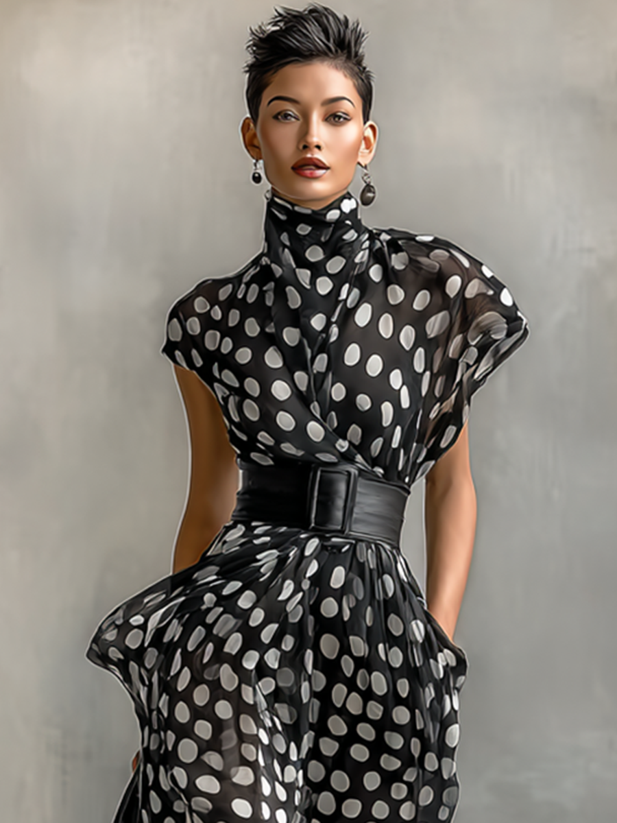 Maxi Jurk van Chiffon met Poisprint en Hoge Hals