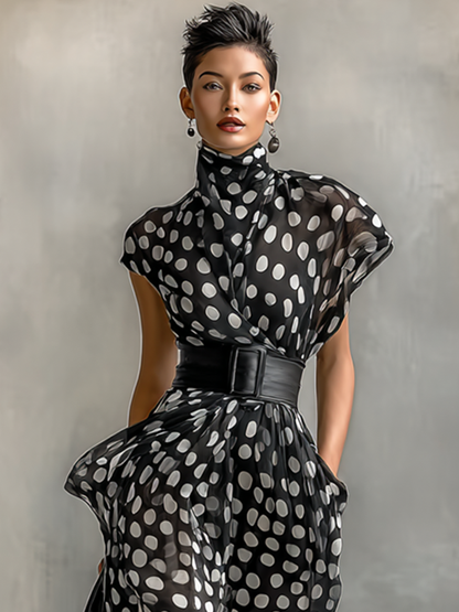 Maxi Jurk van Chiffon met Poisprint en Hoge Hals