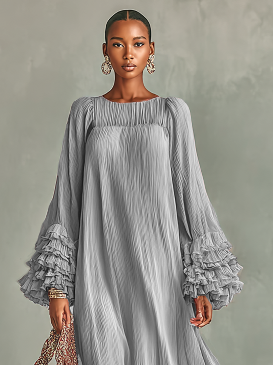 Maxi Jurk in Geplooid Chiffon voor Dames met Lange Mouwen en Ruffles