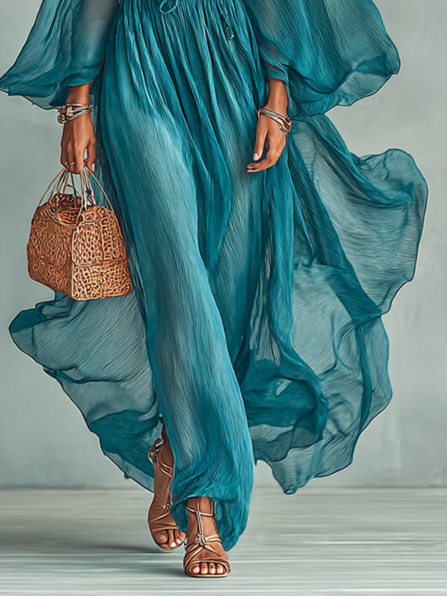 Maxi Jurk in Chiffon met Ronde Hals en Lange Mouwen voor Dames, met Verstelbare Taille