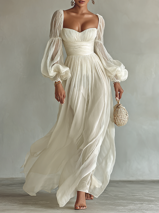 Maxi-jurk van Chiffon voor Dames met Vierkante Hals en Lange Mouwen