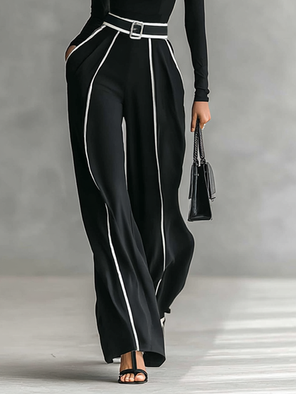 Twee-delige dames set met hoge hals top met lange mouwen, wijde broek en riem