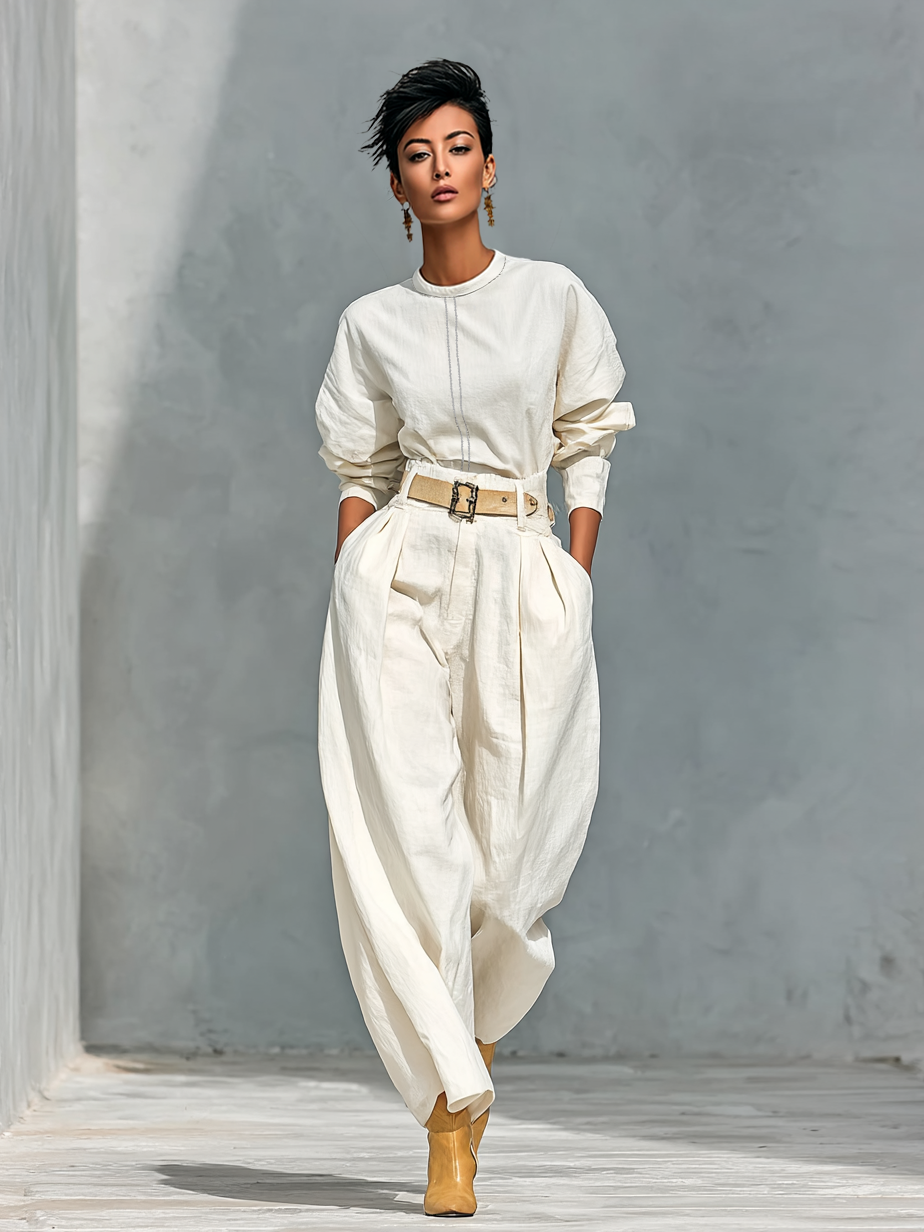 Set van Lange Mouwen Blouse en Wijde Broek van Katoen en Linnen