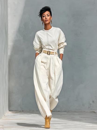 Set van Lange Mouwen Blouse en Wijde Broek van Katoen en Linnen