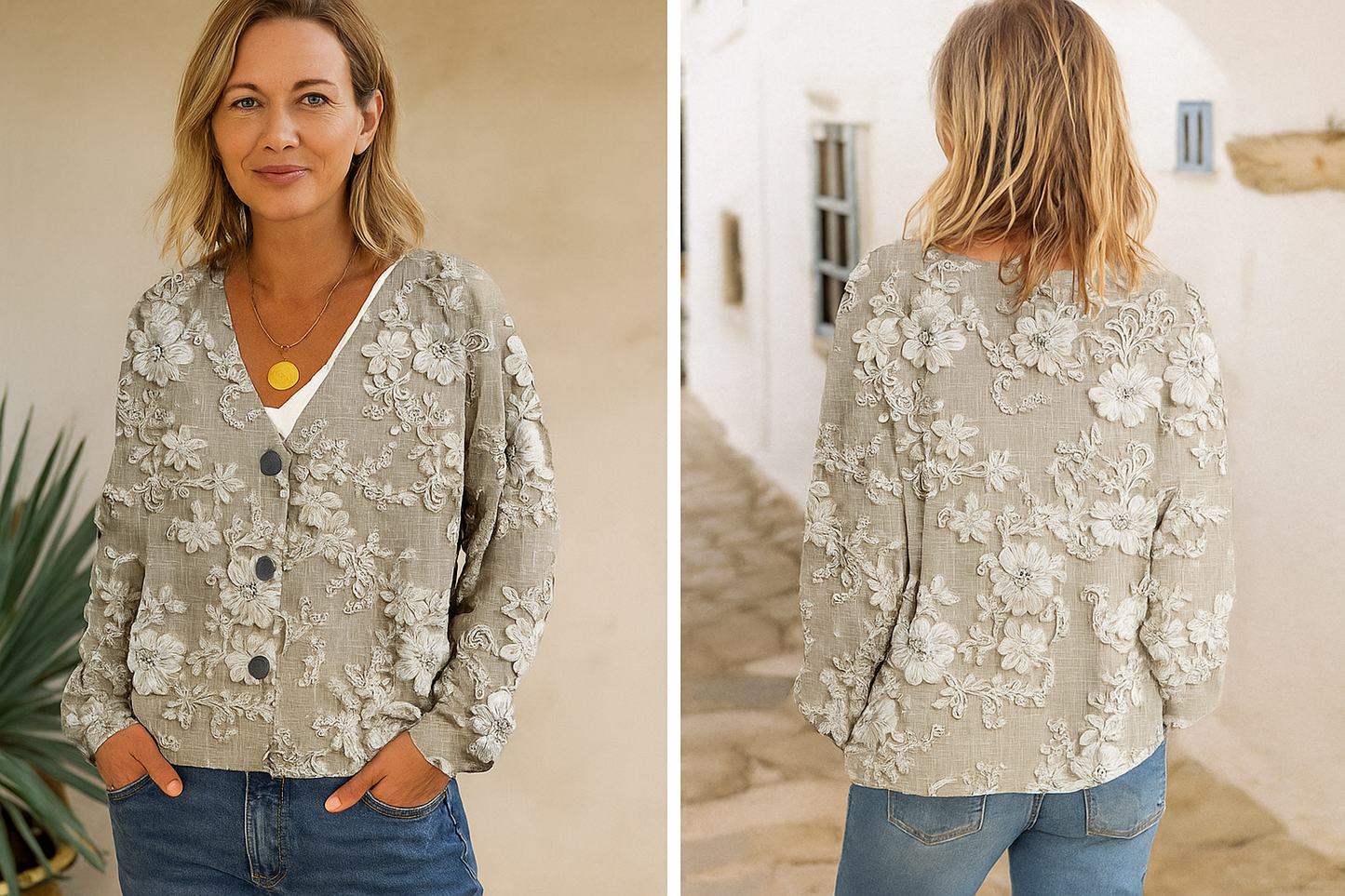 Rosa | Gebreide vest met knopen en bloemblaadjes