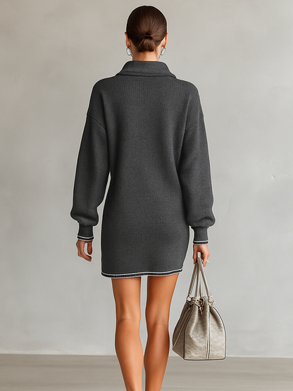 Mini Jurk van Brede Tricot met Polo Kraag en Rits