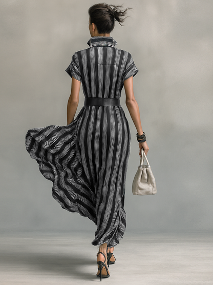 Maxi Jurk Geprinte Chiffon Gestreept met Kraag en Korte Mouwen voor Dames met Ceintuur