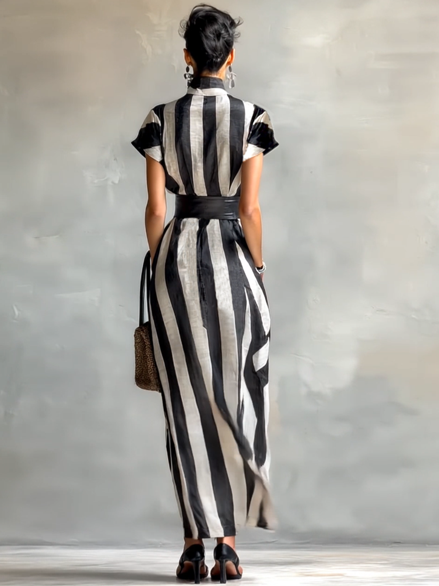 Maxi Jurk in Chiffon met Hoge Hals en Korte Mouwen