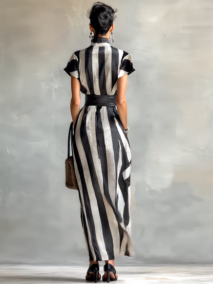 Maxi Jurk in Chiffon met Hoge Hals en Korte Mouwen