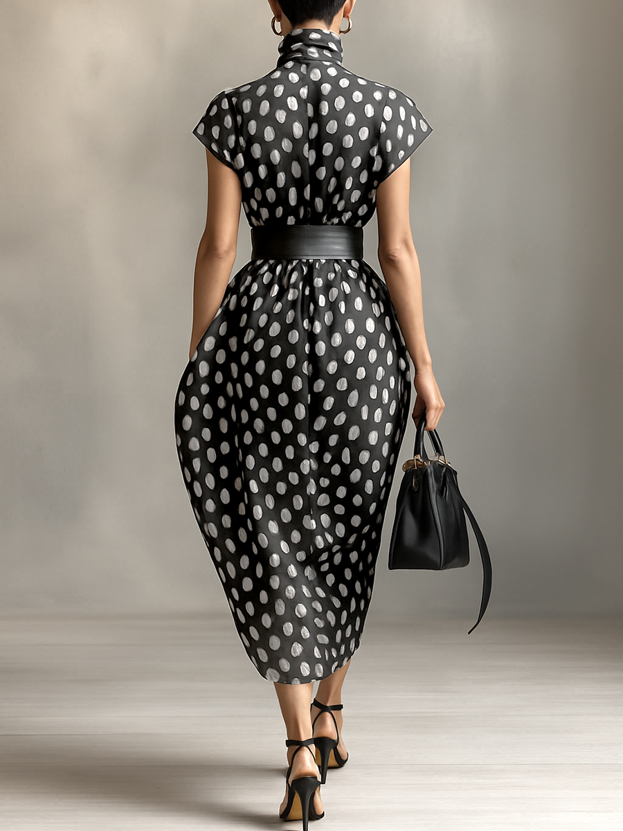 Maxi Jurk van Chiffon met Poisprint en Hoge Hals