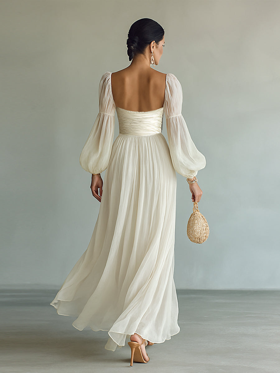 Maxi-jurk van Chiffon voor Dames met Vierkante Hals en Lange Mouwen