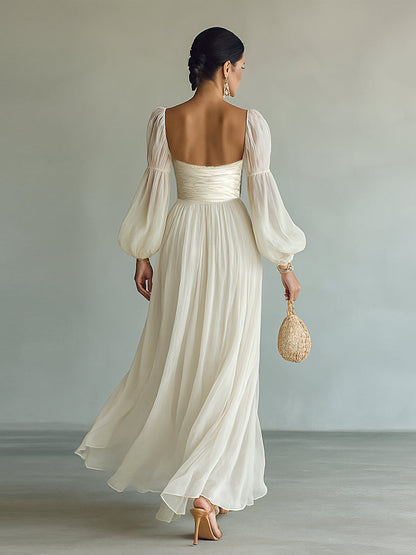 Maxi-jurk van Chiffon voor Dames met Vierkante Hals en Lange Mouwen