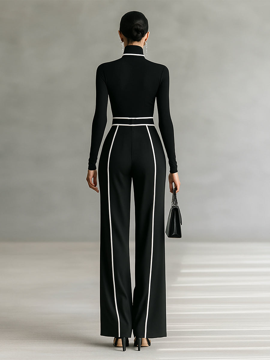 Twee-delige dames set met hoge hals top met lange mouwen, wijde broek en riem