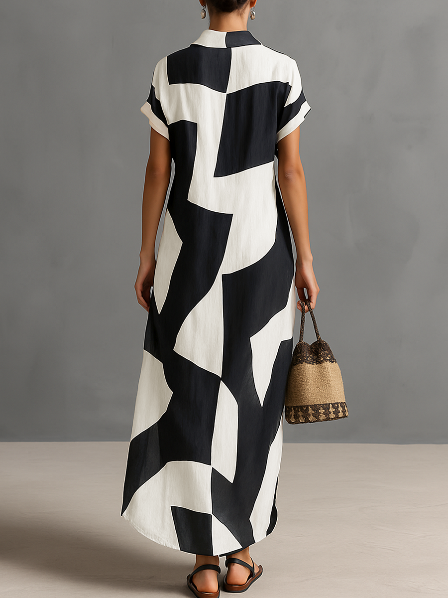 Maxi Blouse Jurk in Chiffon voor Dames met Ongelijke Geometrische Print en Reverskraag, Korte Mouwen, Enkele Knop