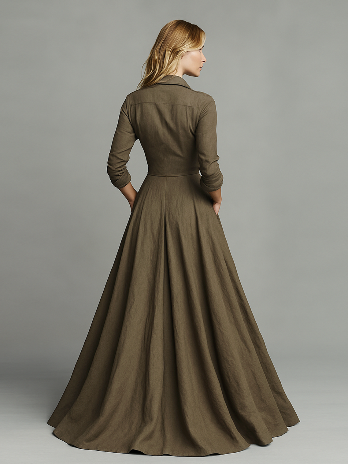 Maxi Vintage Jurk van Katoen en Linnen voor Dames met Hemdontwerp