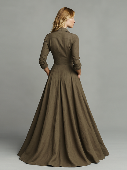 Maxi Vintage Jurk van Katoen en Linnen voor Dames met Hemdontwerp