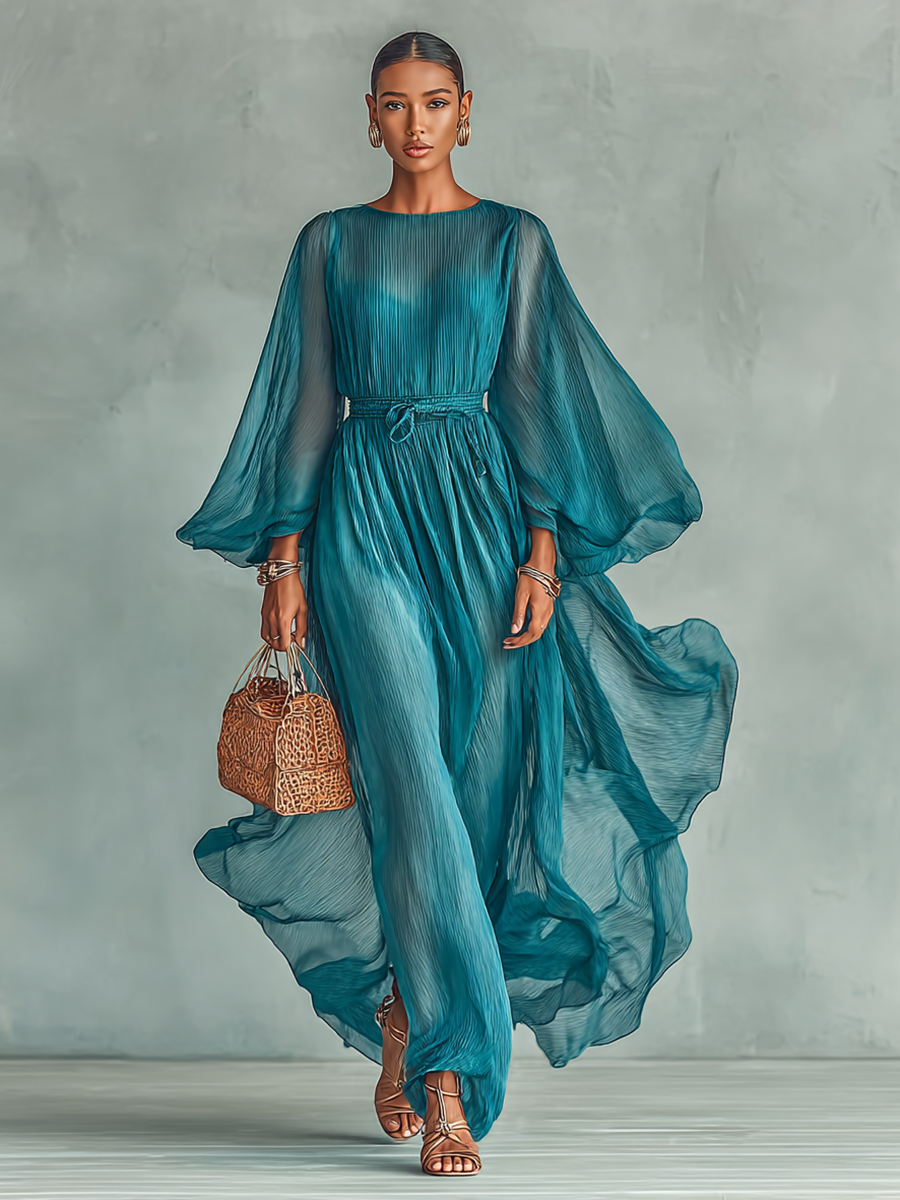 Maxi Jurk in Chiffon met Ronde Hals en Lange Mouwen voor Dames, met Verstelbare Taille