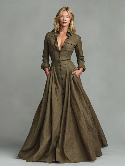 Maxi Vintage Jurk van Katoen en Linnen voor Dames met Hemdontwerp