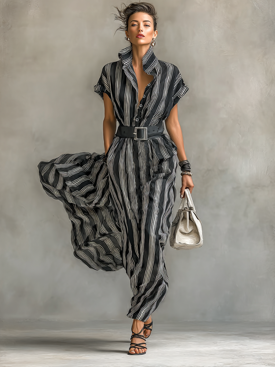Maxi Jurk Geprinte Chiffon Gestreept met Kraag en Korte Mouwen voor Dames met Ceintuur
