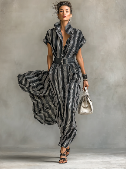 Maxi Jurk Geprinte Chiffon Gestreept met Kraag en Korte Mouwen voor Dames met Ceintuur