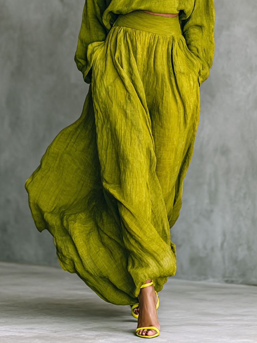Damesoutfit in groen van katoen-linnenmix