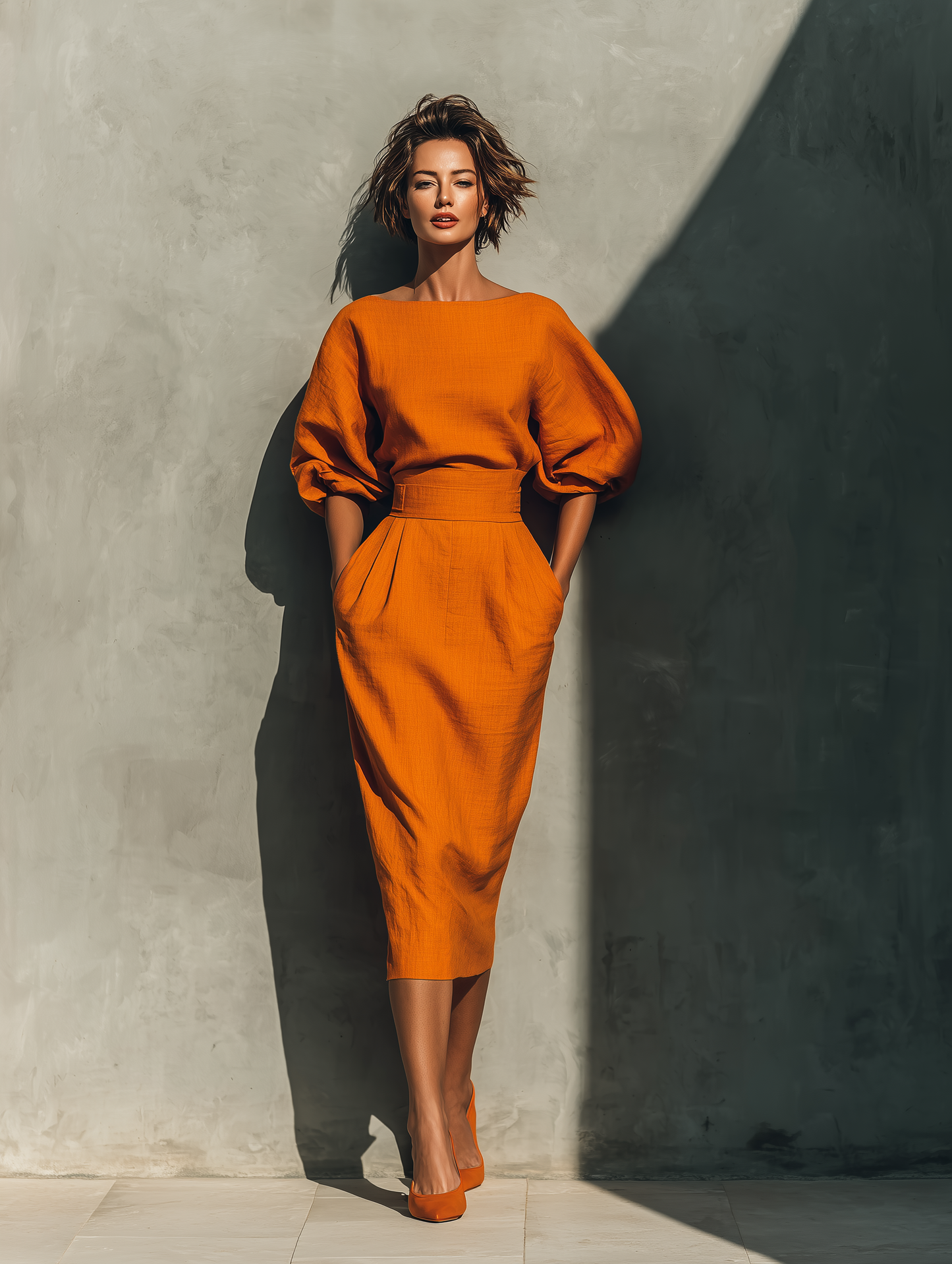 Gonna Midi Vibrante in Misto Cotone-Lino Oranje
